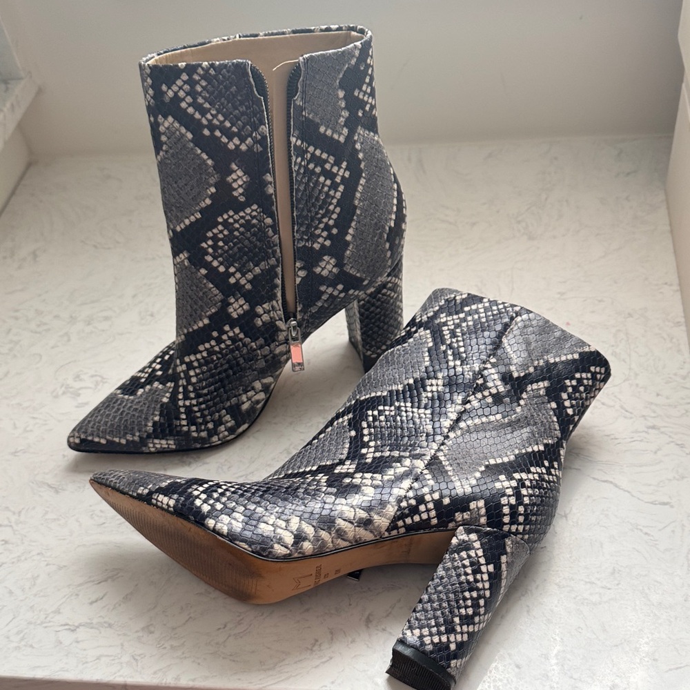 Marc Fisher Black and Gray Snakeskin Heeled Boots